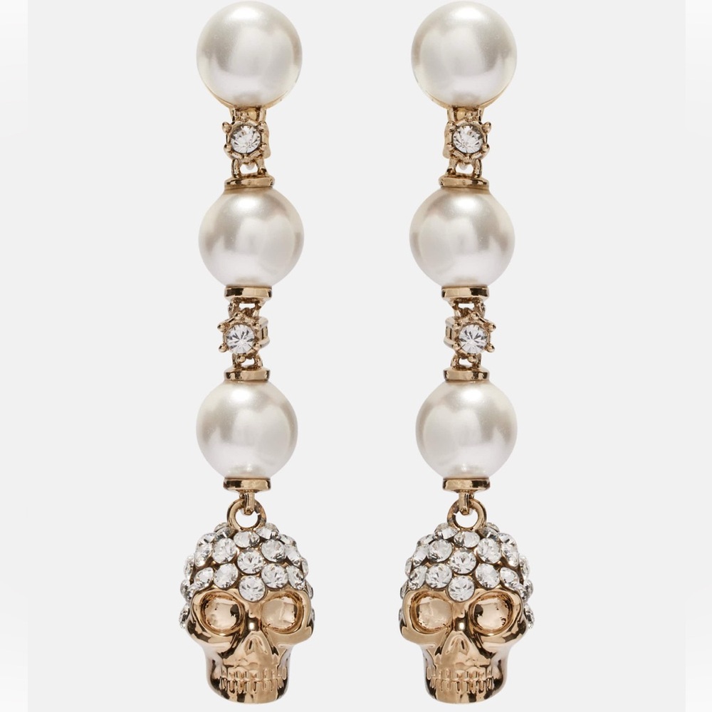 McQueen Crystal Embellished Pearl and Skull Pierced Drop Earrings